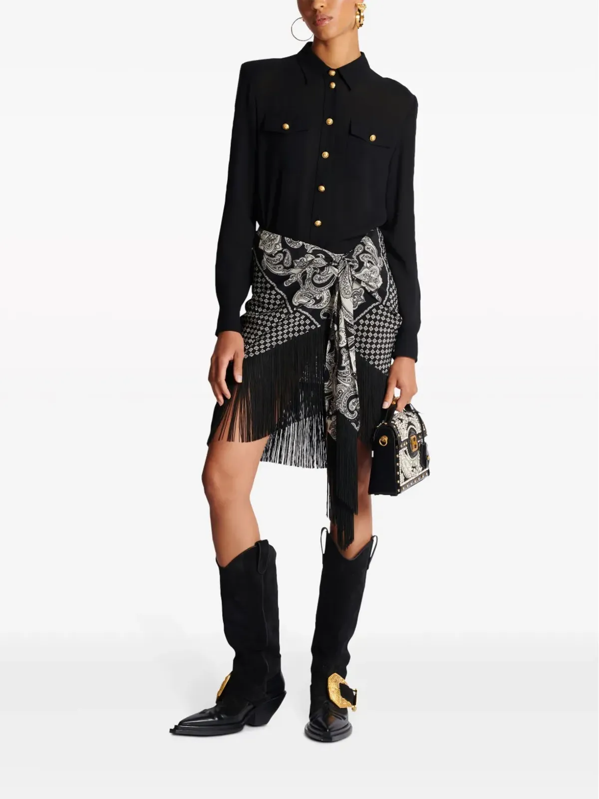 Balmain フリンジ付きペイズリープリント シルクミニスカート ブラック - 画像2