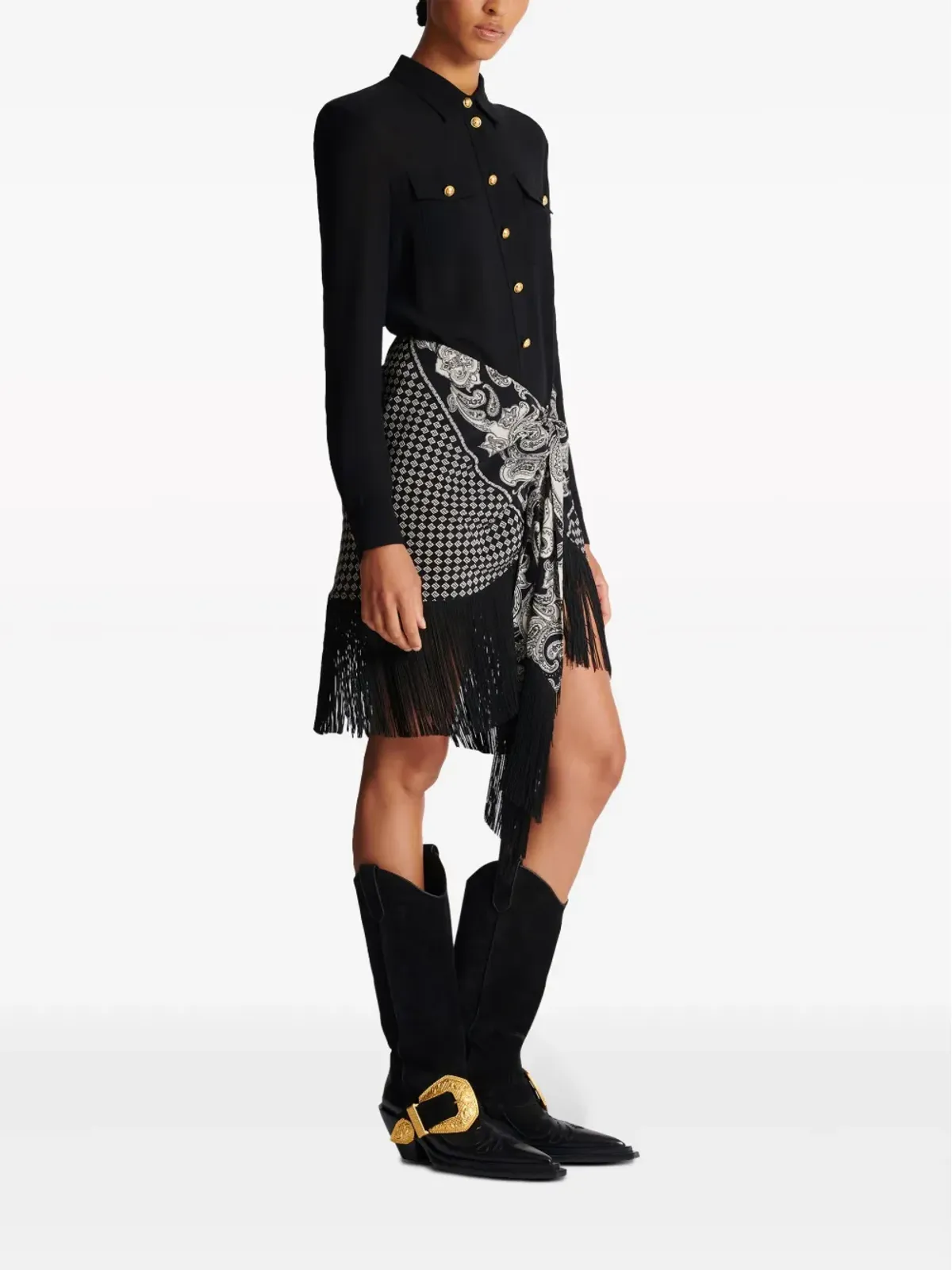 Balmain フリンジ付きペイズリープリント シルクミニスカート ブラック - 画像3