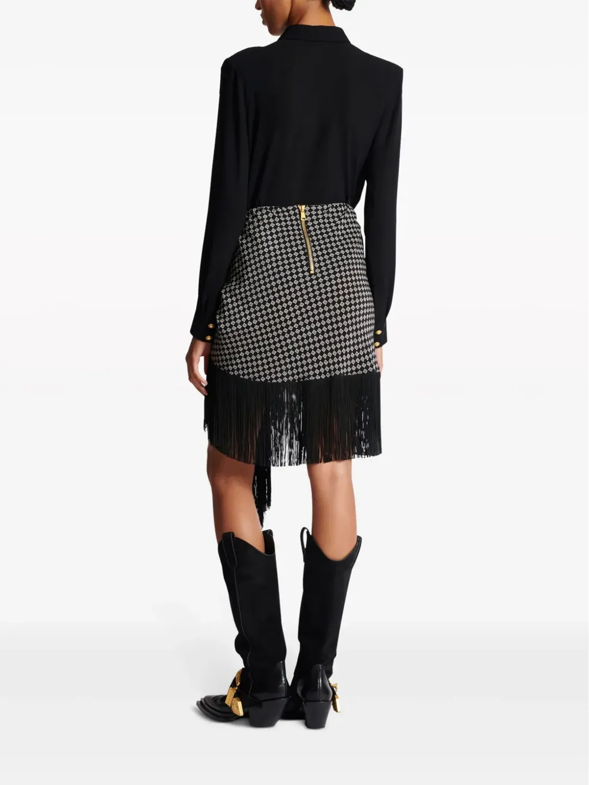Balmain フリンジ付きペイズリープリント シルクミニスカート ブラック - 画像4