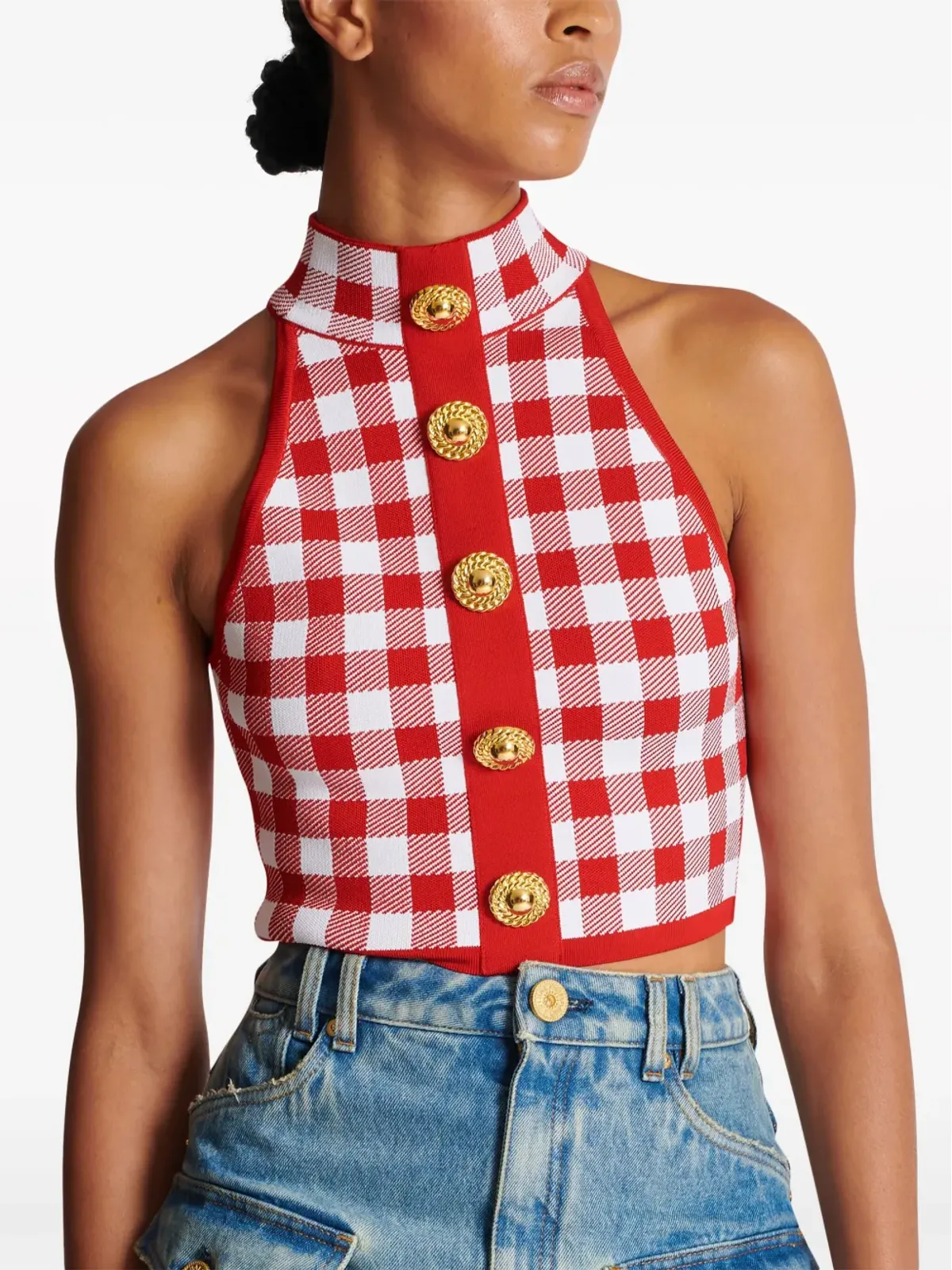 Balmain 5ボタン チェック柄 クロップトップ - レッド - 画像5