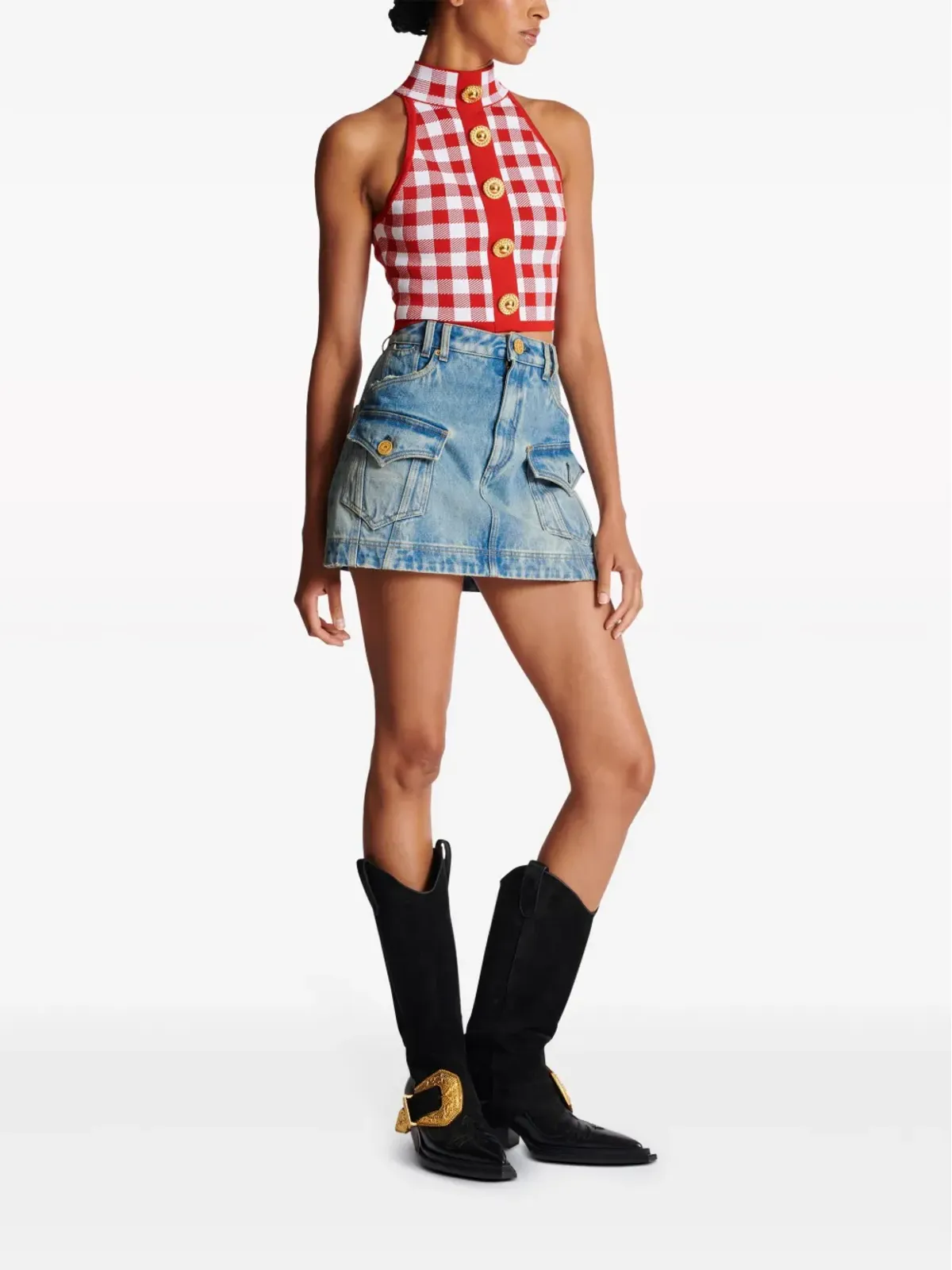 Balmain 5ボタン チェック柄 クロップトップ - レッド - 画像3