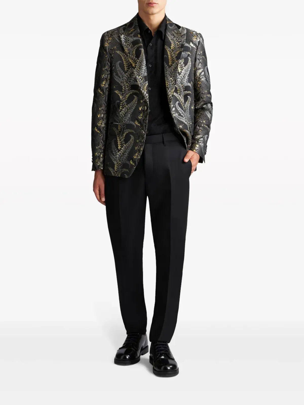 ETRO 葉柄ジャカード ピークドラペル ブレザー グレー - 画像2