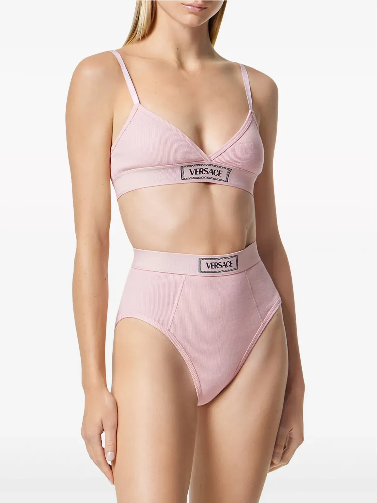 Versace ロゴ入りウエストバンド細リブ ブリーフ ピンク - 画像3