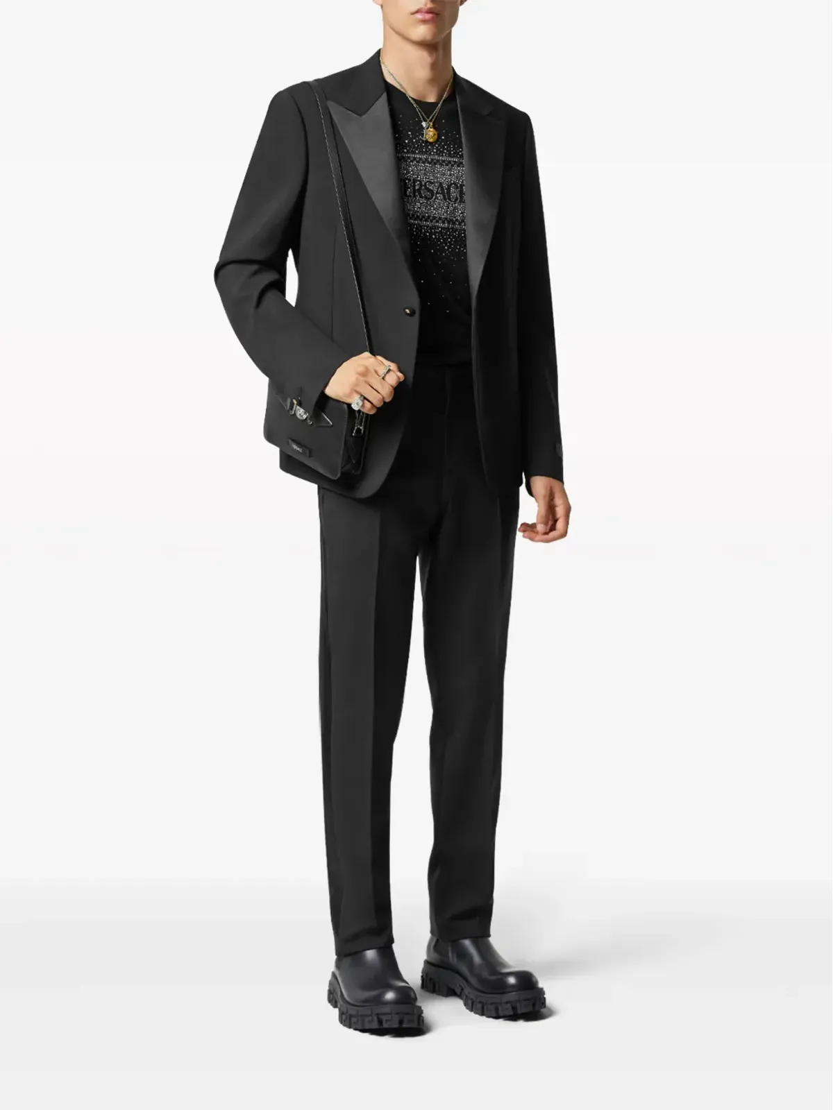 Versace デュシェス サテン トリム シングルブレスト ブレザー ブラック - 画像2