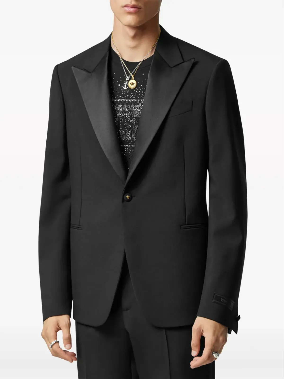 Versace デュシェス サテン トリム シングルブレスト ブレザー ブラック - 画像3