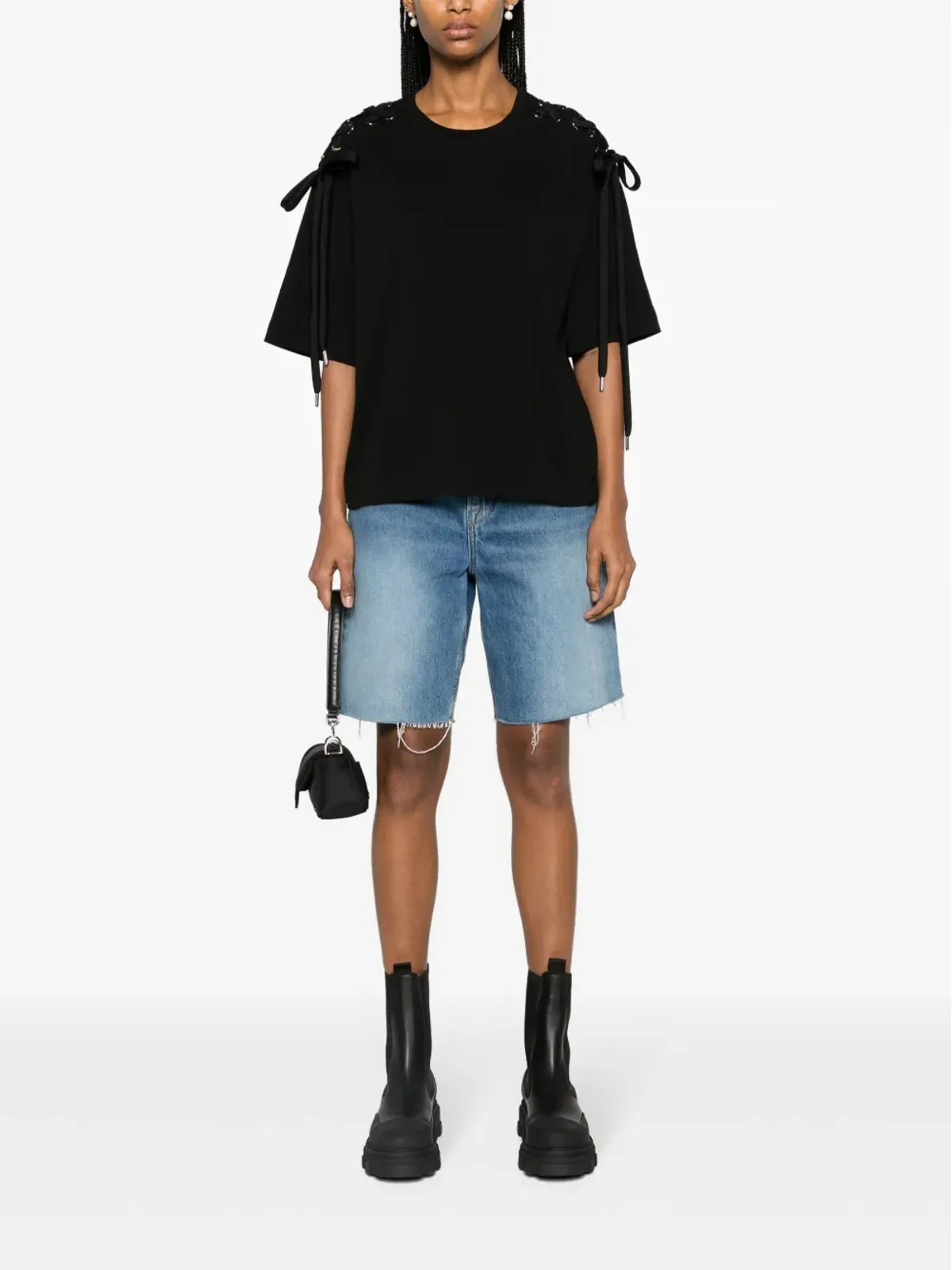 PINKO レースアップコットン Tシャツ - ブラック - 画像2