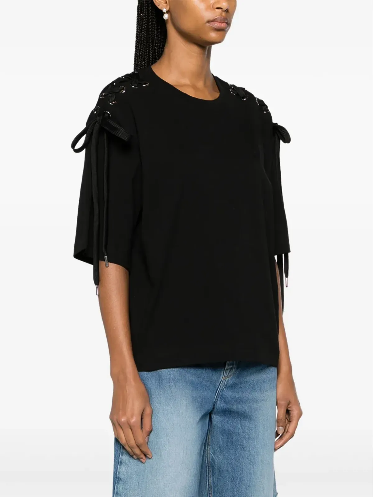 PINKO レースアップコットン Tシャツ - ブラック - 画像3