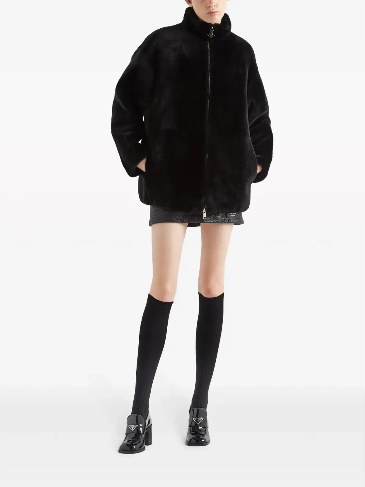 Prada ロゴアップリケ付きシアリングジャケット ブラック - 画像2