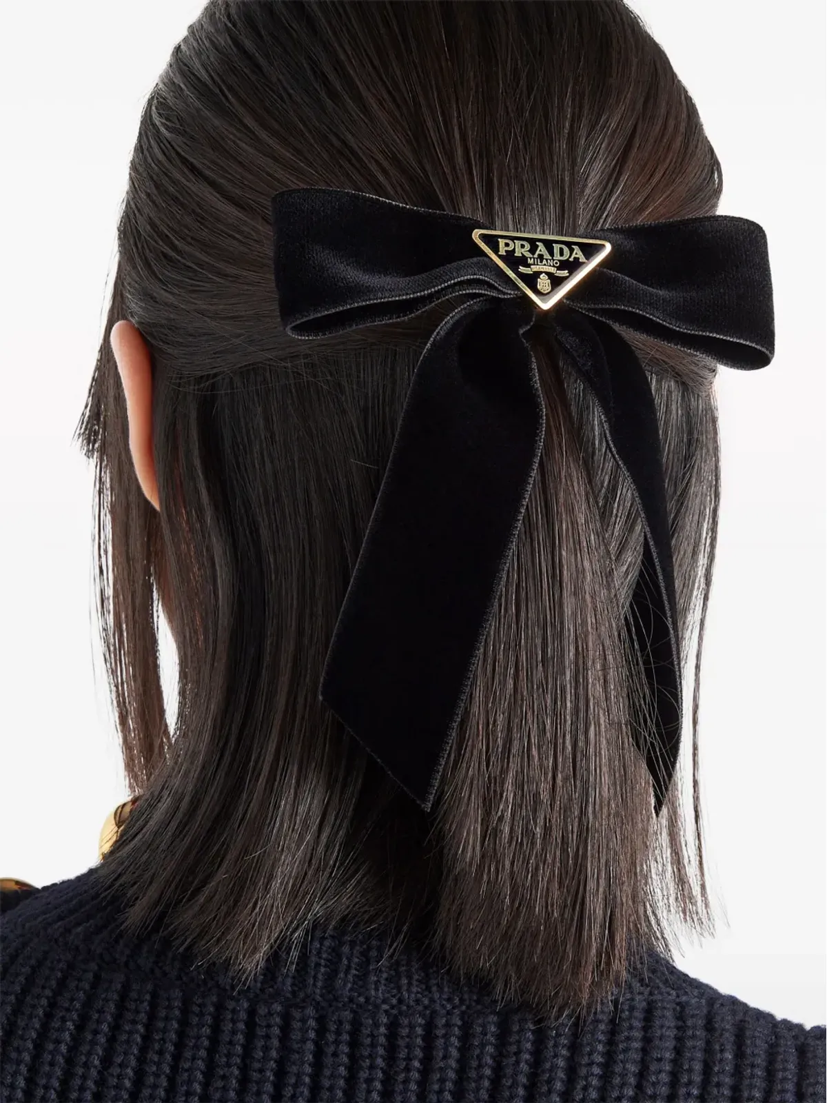 Prada 三角ロゴのリボン型ベルベット ヘアクリップ - ブラック - 画像3
