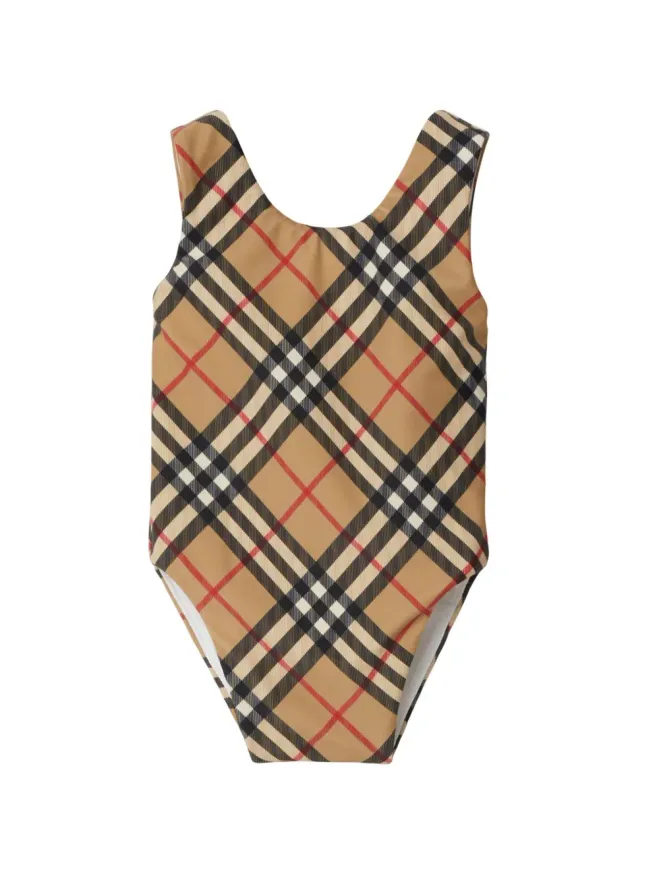 Burberry Kids Burberry Kids Vintage Check scoop-neck swimsuit - Neutralsの商品画像