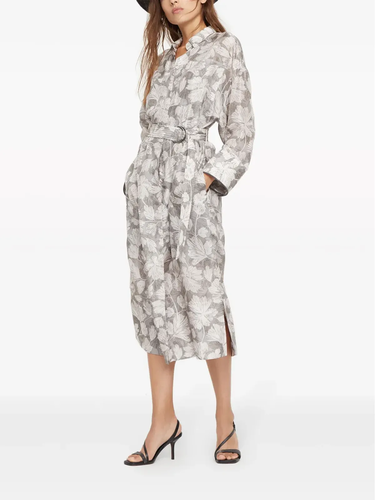 Brunello Cucinelli リーフプリント ベルト付き ミディドレス - グレー - 画像2