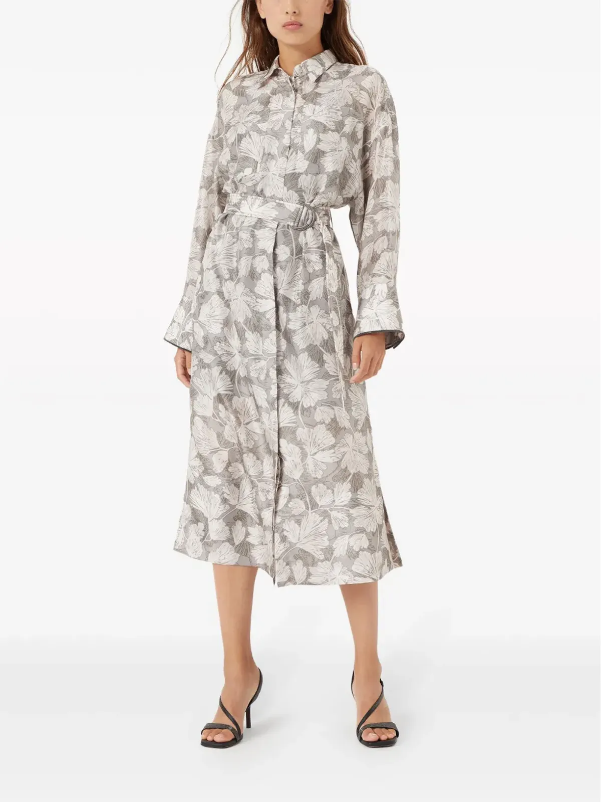 Brunello Cucinelli リーフプリント ベルト付き ミディドレス - グレー - 画像3