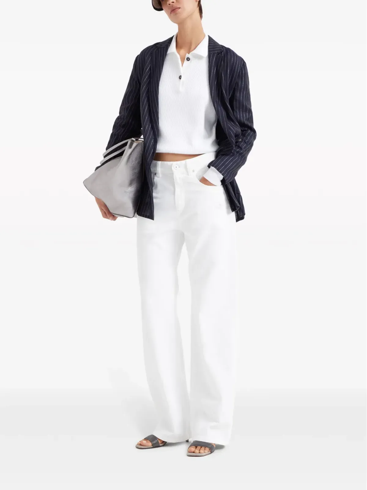 Brunello Cucinelli リブ編みポロカラーセーター ホワイト - 画像2