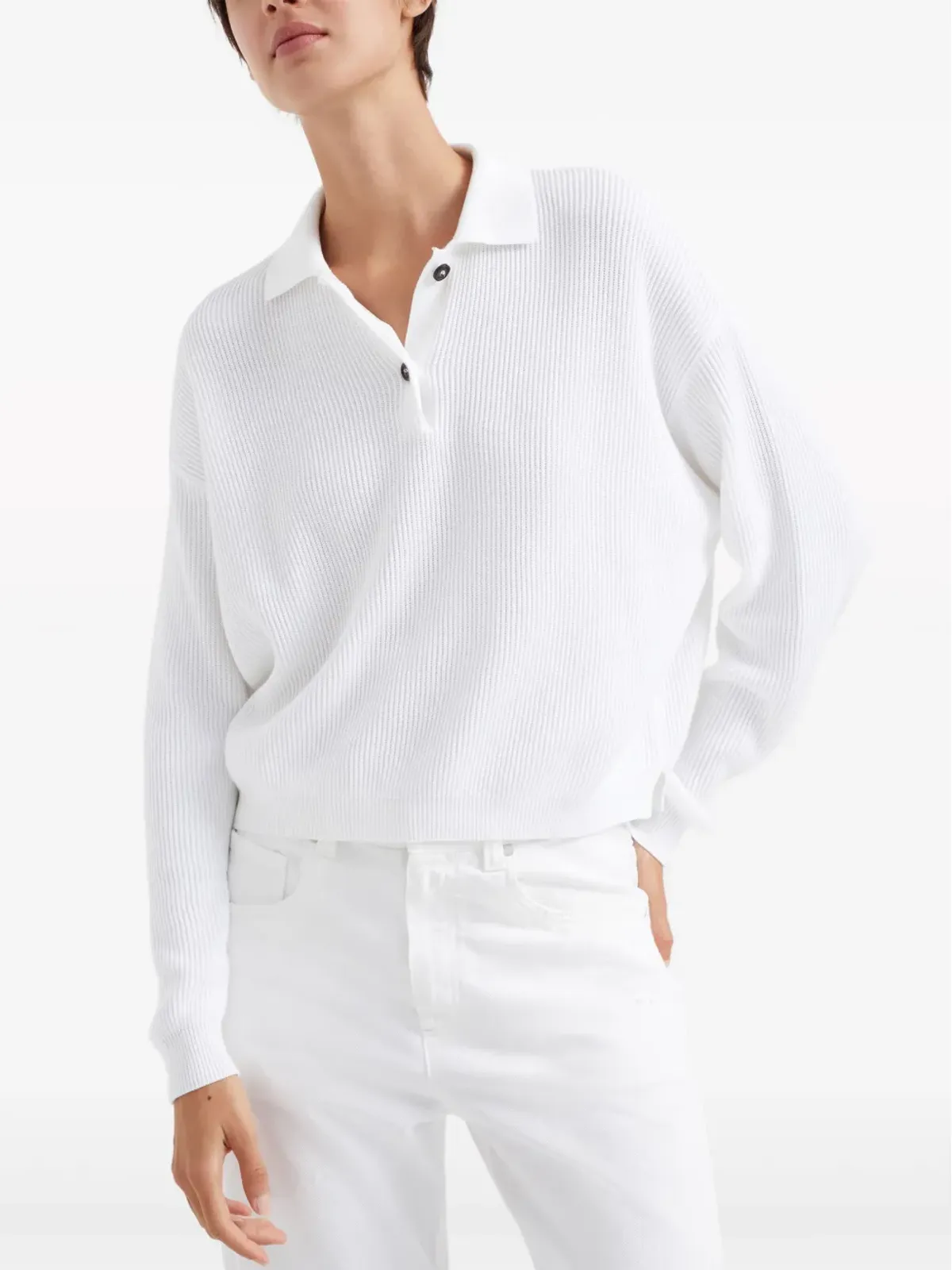 Brunello Cucinelli リブ編みポロカラーセーター ホワイト - 画像3