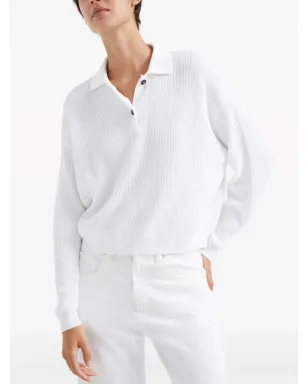 Brunello Cucinelli リブ編みポロカラーセーター ホワイト - サムネイル3
