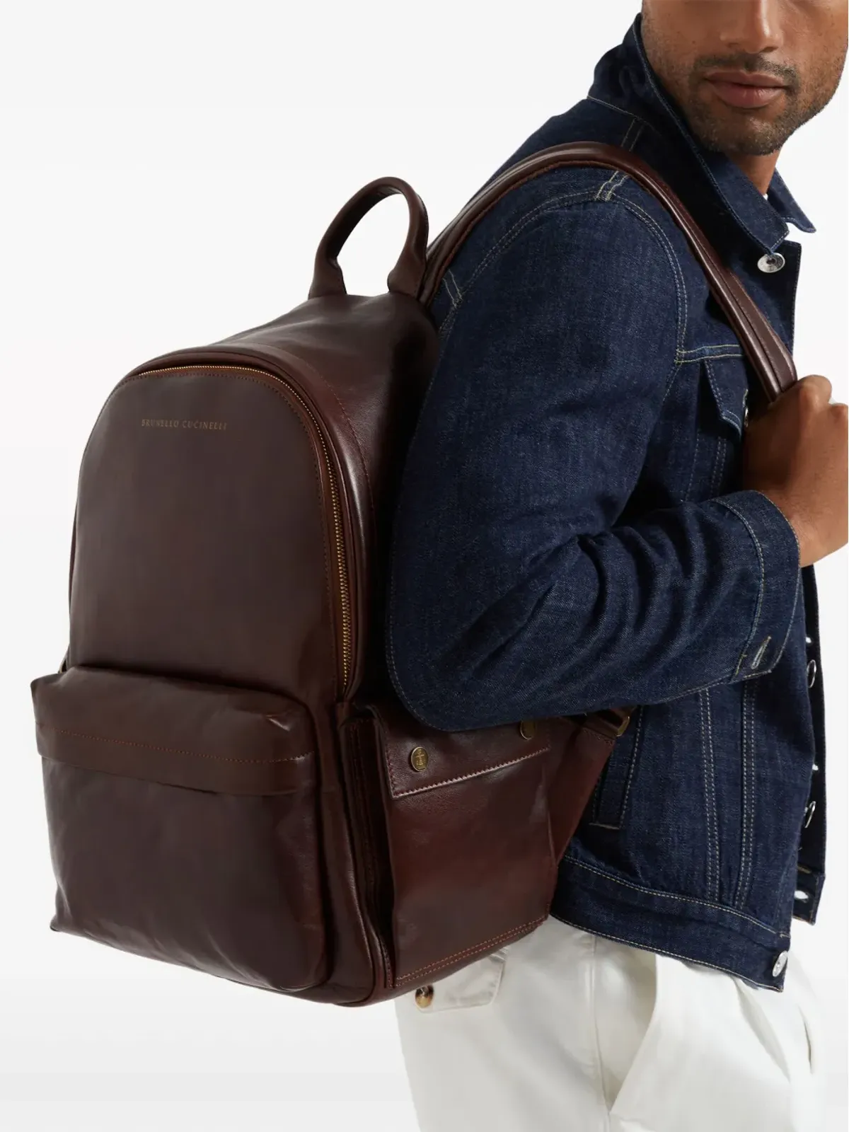 Brunello Cucinelli ロゴプリント レザー バックパック - ブラウン - 画像2