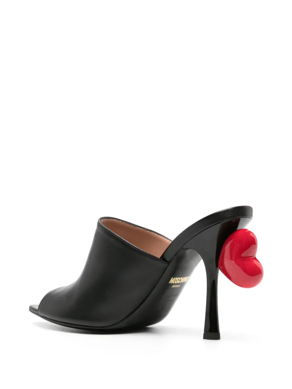 Moschino 100mmハートディテール レザー ヒールミュール ブラック - 画像3
