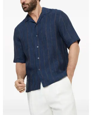 Brunello Cucinelli 半袖リネンシャツ ブルー - サムネイル3