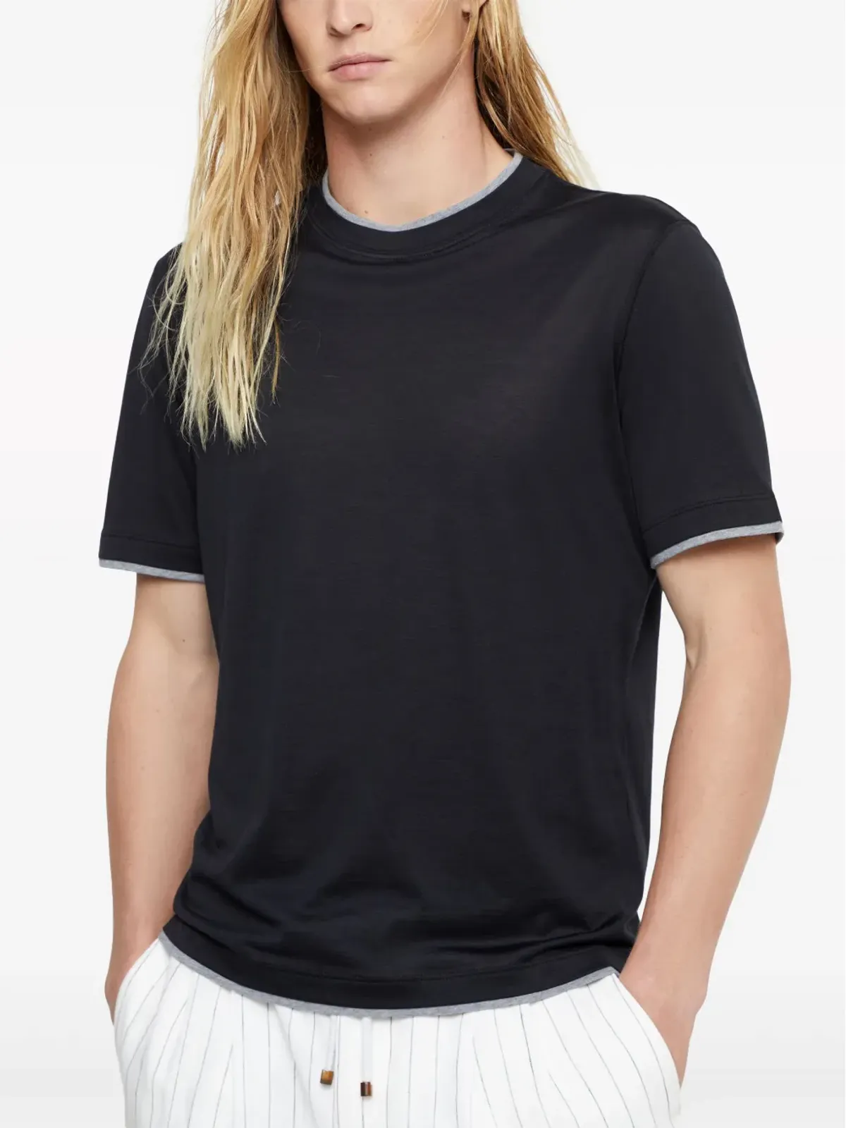 Brunello Cucinelli レイヤード風 シルクとコットンの混紡 Tシャツ - ブラック - 画像3