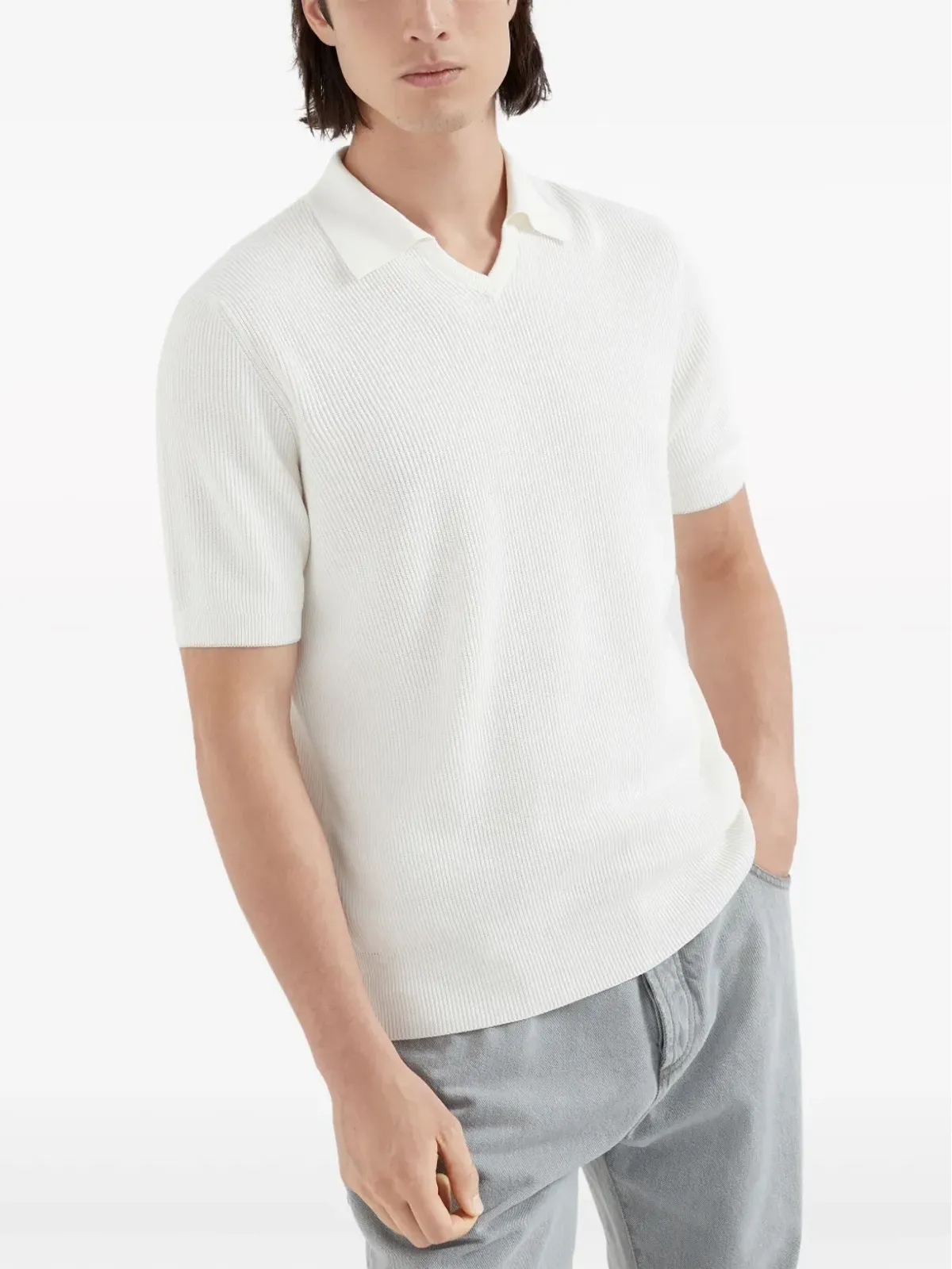 Brunello Cucinelli ポロシャツ コットン ポインテッドフラットカラー ホワイト - 画像3