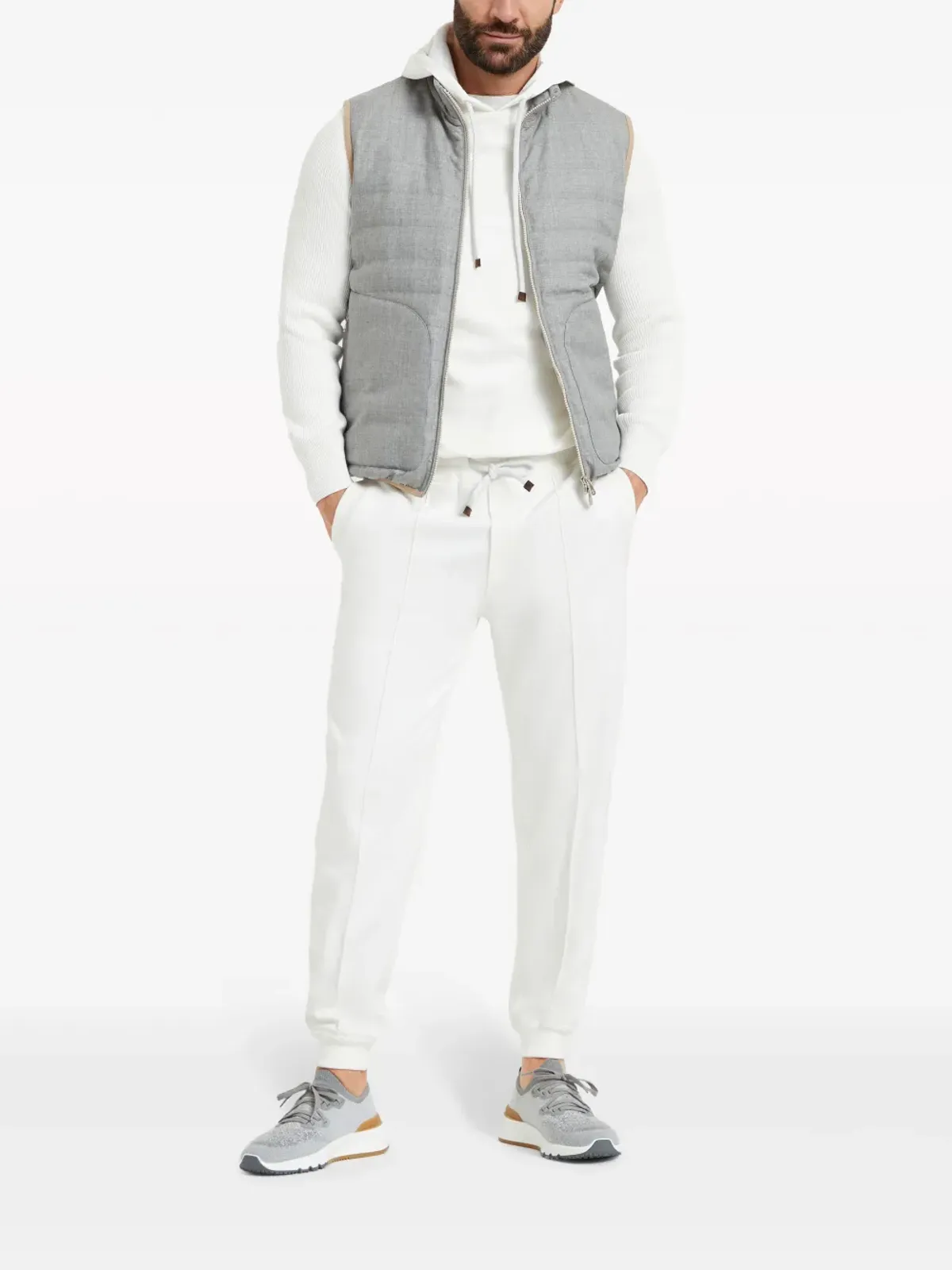 Brunello Cucinelli リブ袖コットンフーディー ホワイト - 画像2