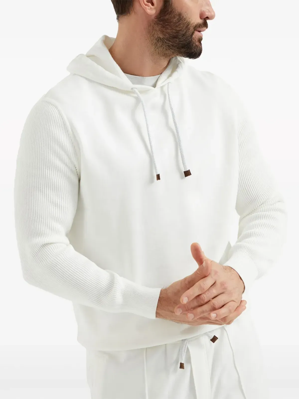 Brunello Cucinelli リブ袖コットンフーディー ホワイト - 画像3