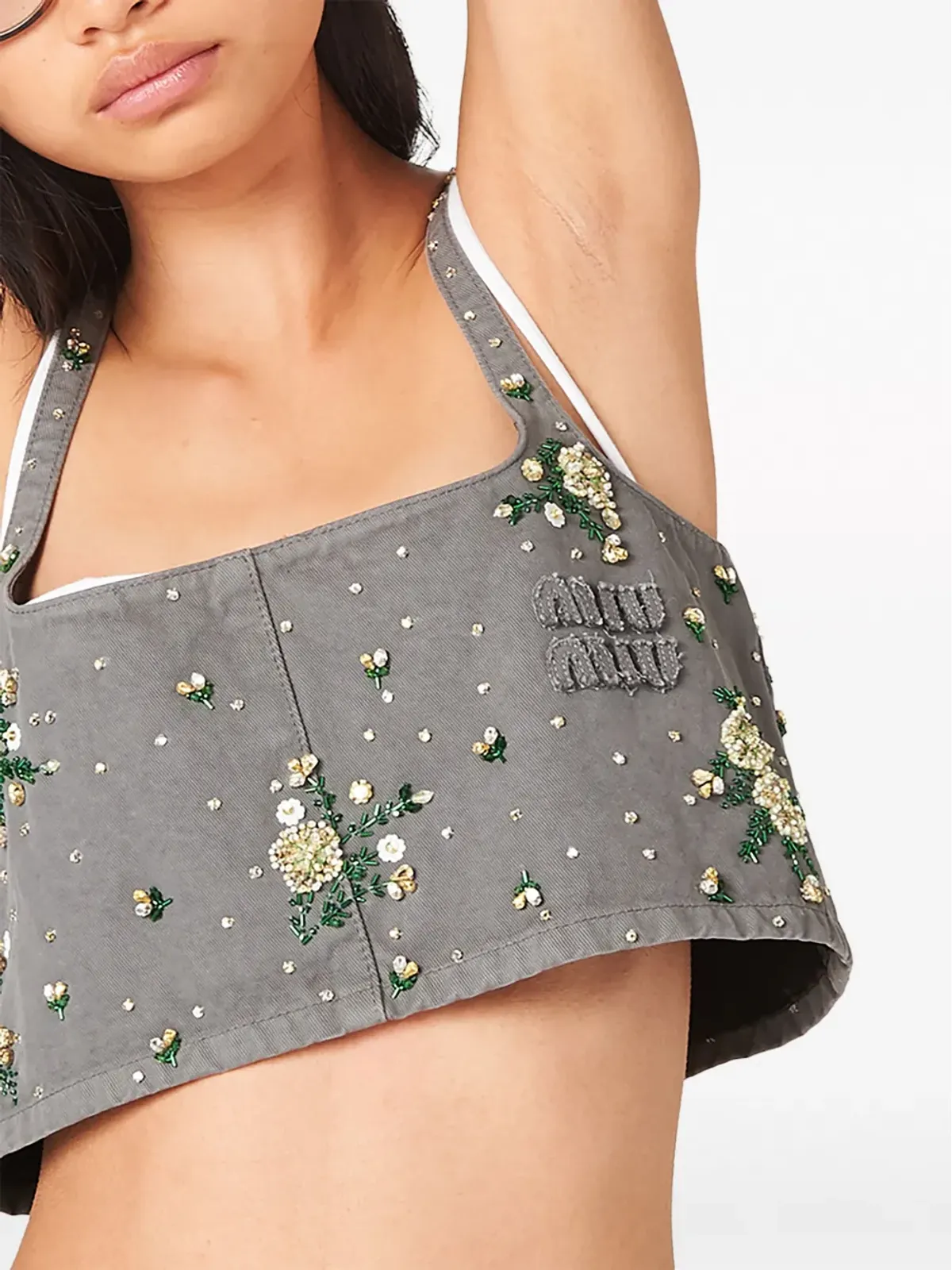 Miu Miu 花柄装飾のクロップトップ - グレー - 画像3