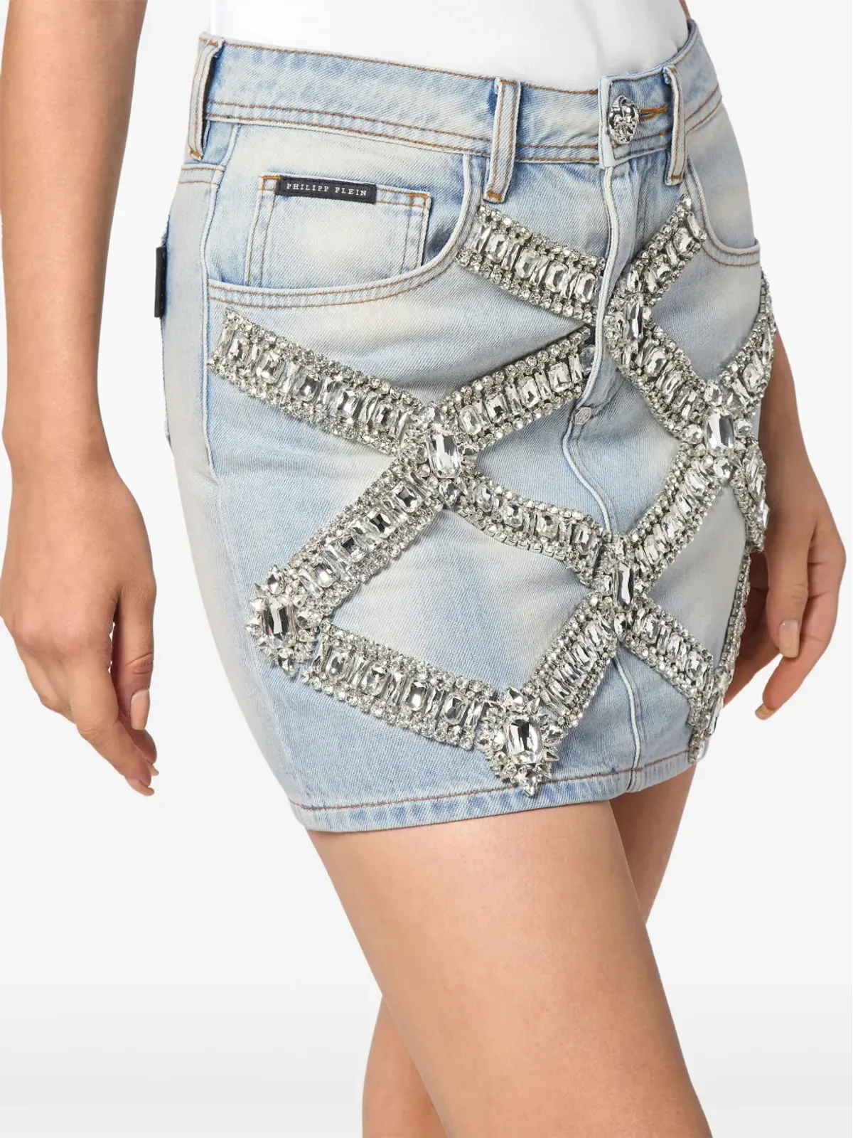 Philipp Plein デニムブローチミニスカート - ブルー - 画像4