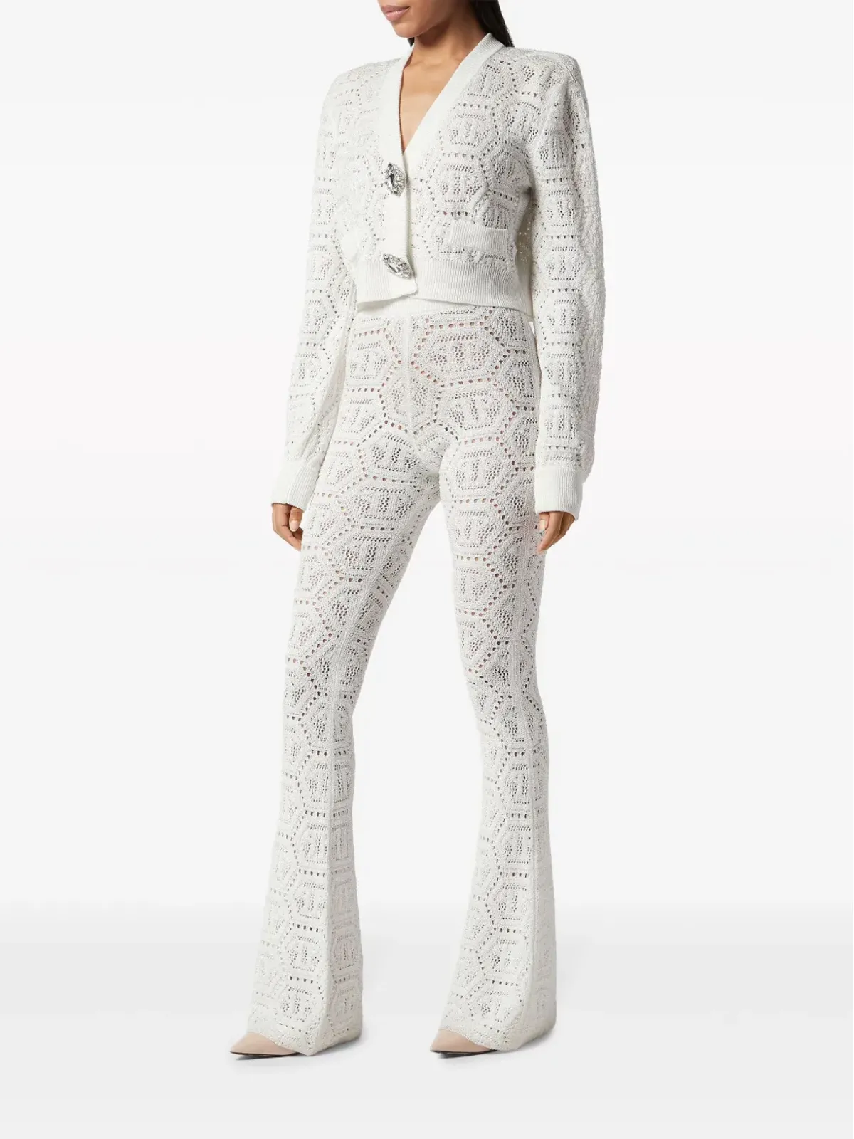 Philipp Plein モノグラムかぎ針編みニット カーディガン - ホワイト - 画像2