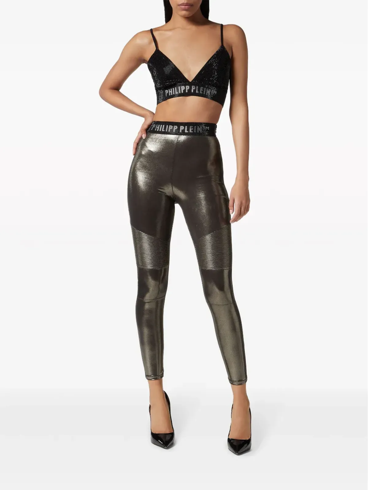 Philipp Plein ロゴ入りウエストバンド ラメ レギンス - ゴールド - 画像2