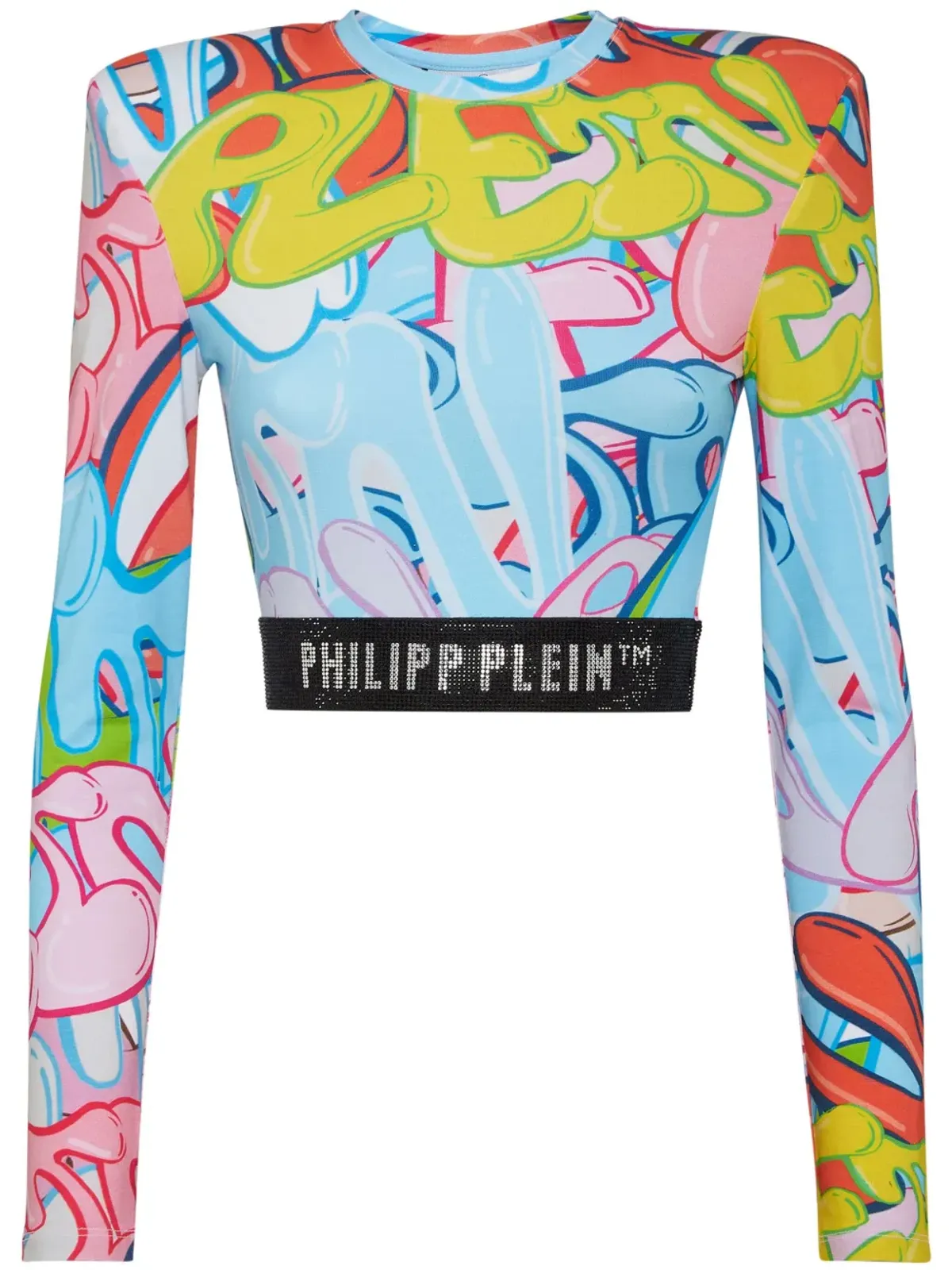 Philipp Plein パッド付きショルダー クロップドトップ ロングスリーブ ボンビンググラフィティ柄 ブルー - 画像1