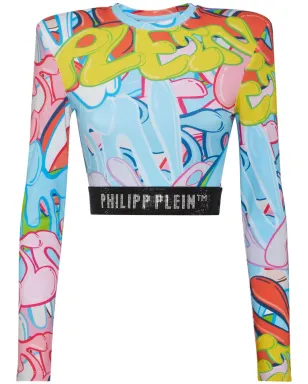 Philipp Plein パッド付きショルダー クロップドトップ ロングスリーブ ボンビンググラフィティ柄 ブルー - サムネイル1