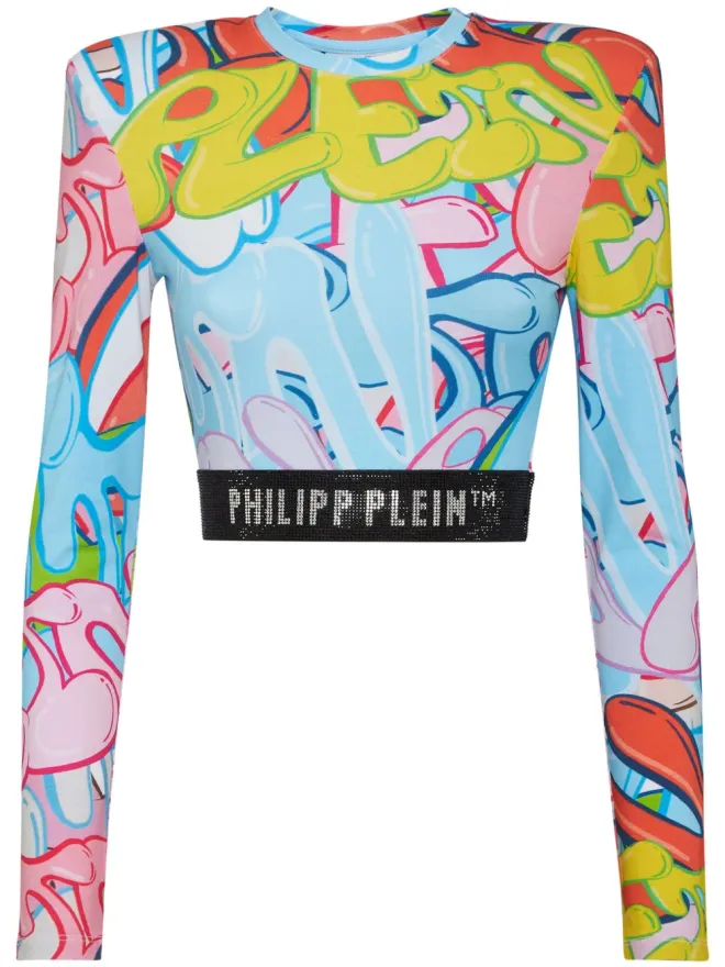 Philipp Plein Philipp Plein パッド付きショルダー クロップドトップ ロングスリーブ ボンビンググラフィティ柄 ブルーの商品画像