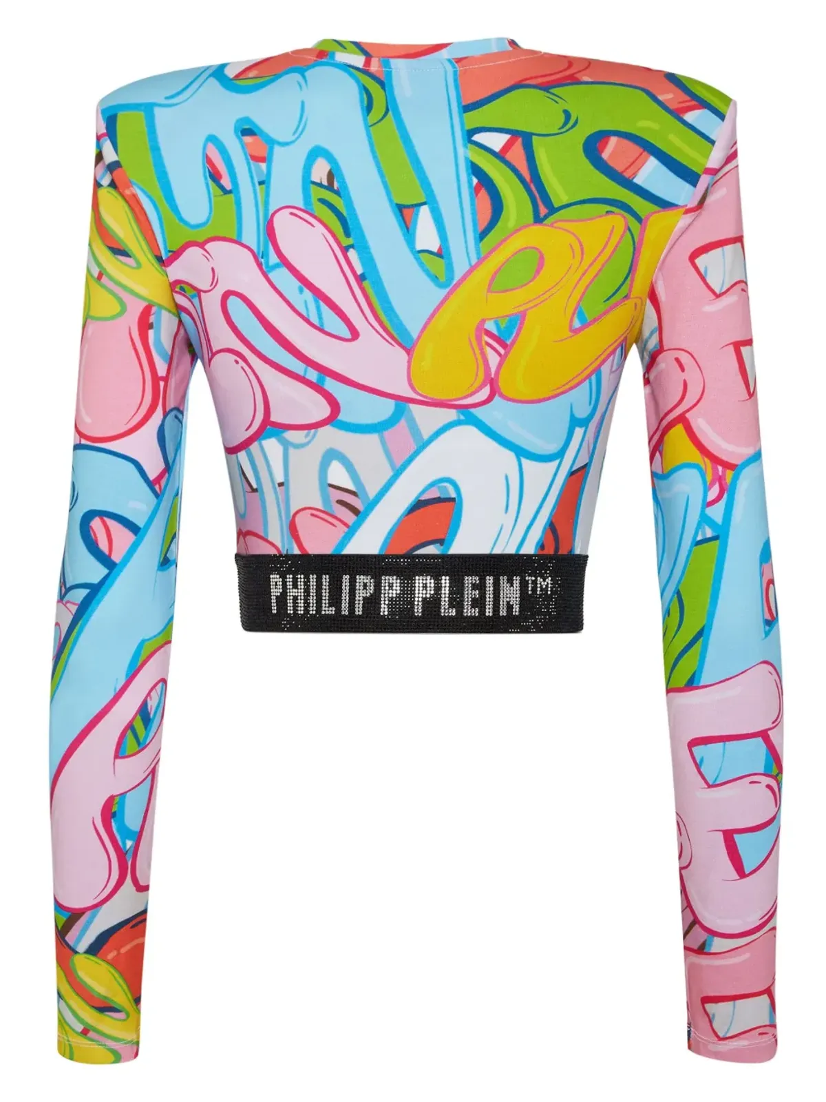 Philipp Plein パッド付きショルダー クロップドトップ ロングスリーブ ボンビンググラフィティ柄 ブルー - 画像2