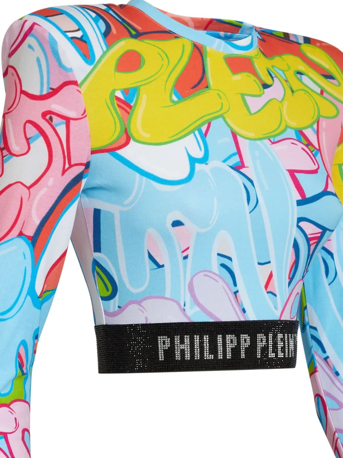 Philipp Plein パッド付きショルダー クロップドトップ ロングスリーブ ボンビンググラフィティ柄 ブルー - 画像3