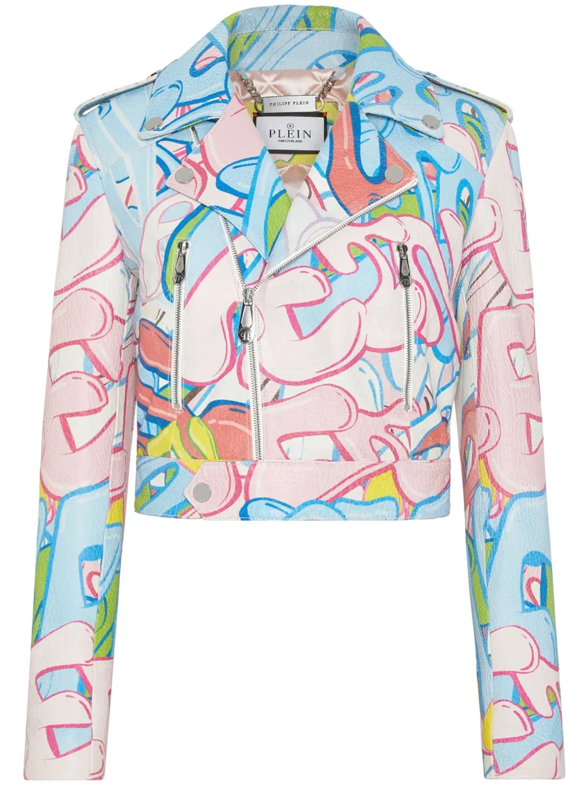 Philipp Plein グラフィティロゴ入り クロップド レザーバイカージャケット - ブルー - 画像1
