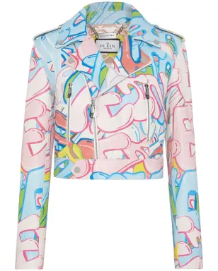 Philipp Plein グラフィティロゴ入り クロップド レザーバイカージャケット - ブルー - サムネイル1
