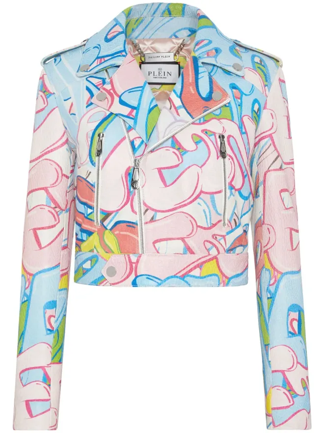 Philipp Plein Philipp Plein グラフィティロゴ入り クロップド レザーバイカージャケット - ブルーの商品画像