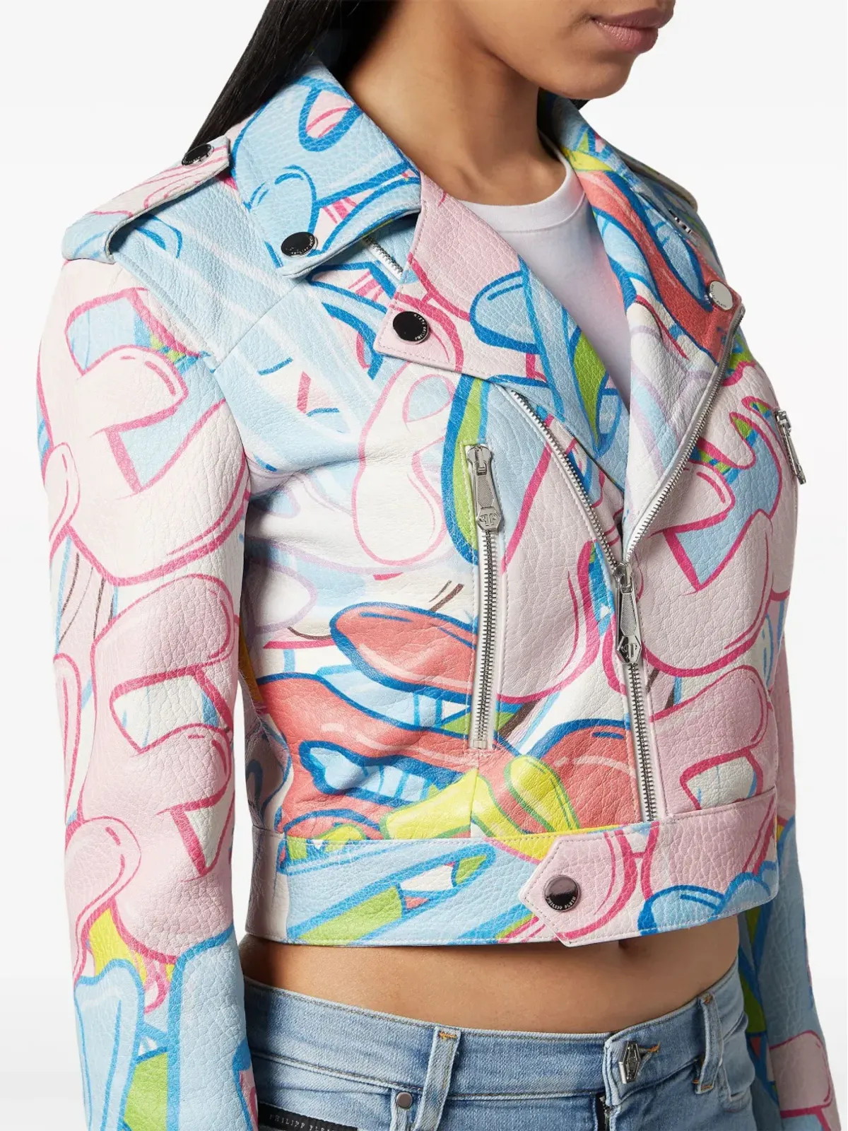 Philipp Plein グラフィティロゴ入り クロップド レザーバイカージャケット - ブルー - 画像4