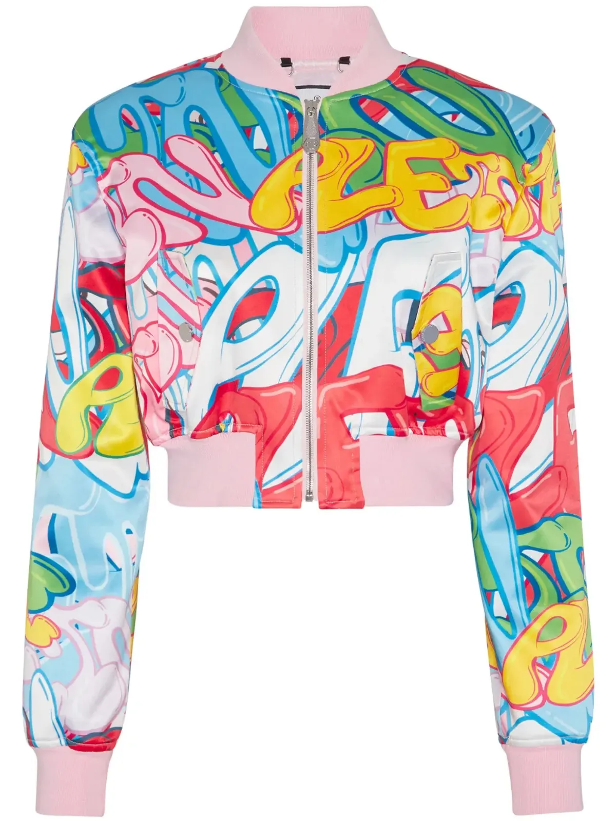 Philipp Plein グラフィティロゴ入り クロップドサテンボンバージャケット - ピンク - 画像1