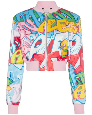 Philipp Plein グラフィティロゴ入り クロップドサテンボンバージャケット - ピンク - サムネイル1