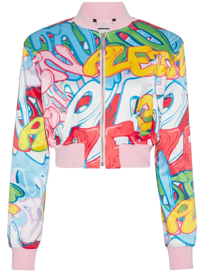 Philipp Plein Philipp Plein グラフィティロゴ入り クロップドサテンボンバージャケット - ピンクの商品画像