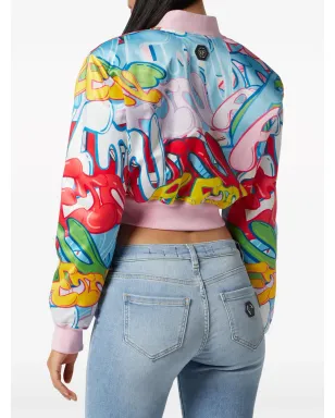Philipp Plein グラフィティロゴ入り クロップドサテンボンバージャケット - ピンク - サムネイル3