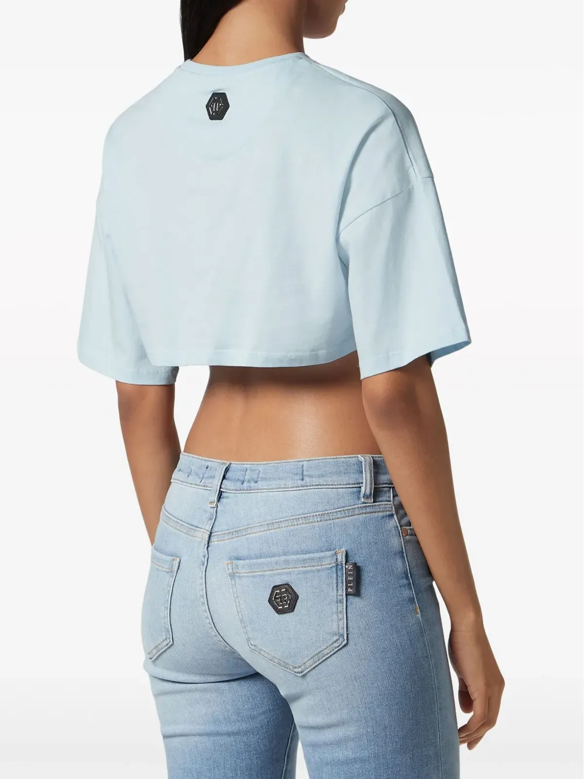 Philipp Plein クリスタル装飾 ロゴプリント クロップドTシャツ ブルー - 画像2