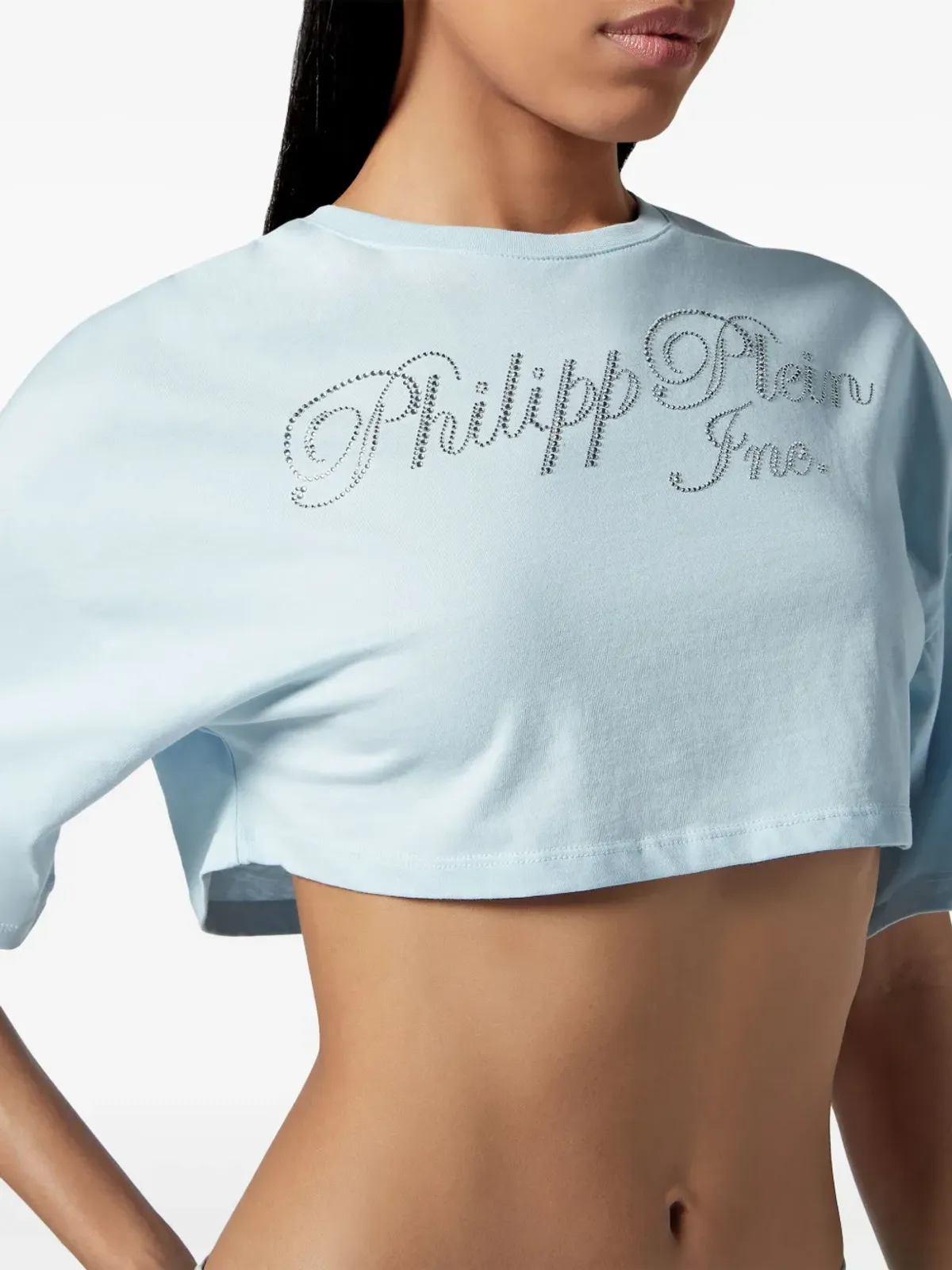Philipp Plein クリスタル装飾 ロゴプリント クロップドTシャツ ブルー - 画像3