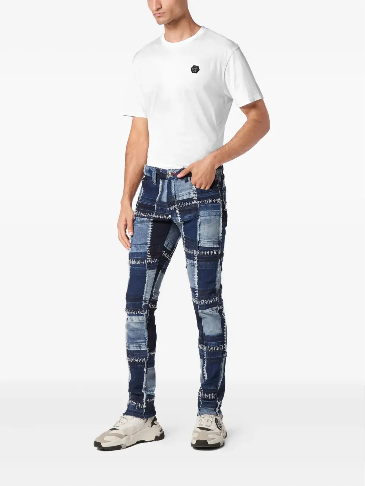 Philipp Plein パッチワークのトップステッチデニムジーンズ ブルー - 画像2