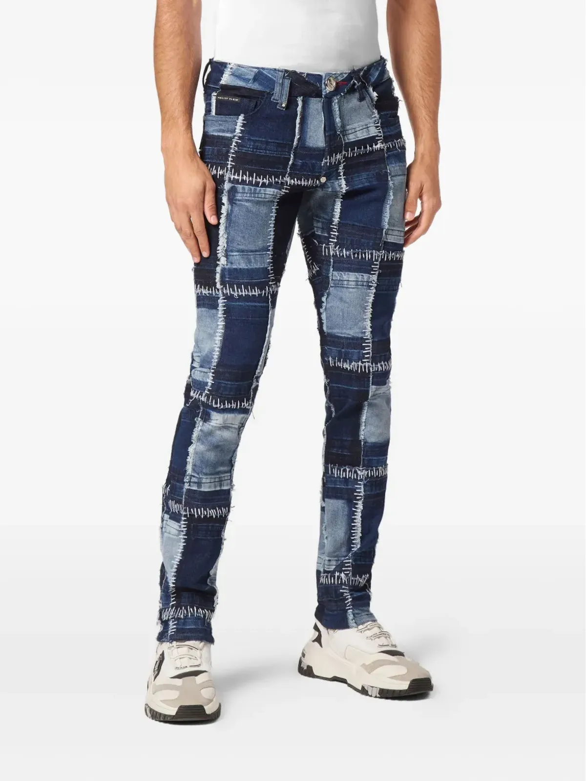 Philipp Plein パッチワークのトップステッチデニムジーンズ ブルー - 画像3