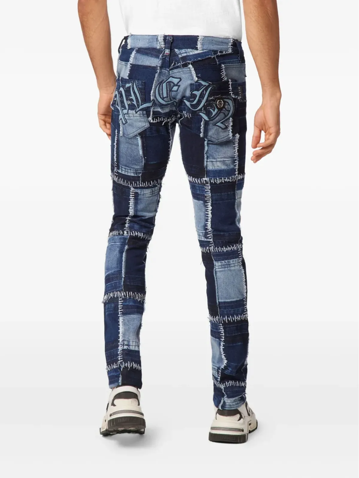 Philipp Plein パッチワークのトップステッチデニムジーンズ ブルー - 画像4