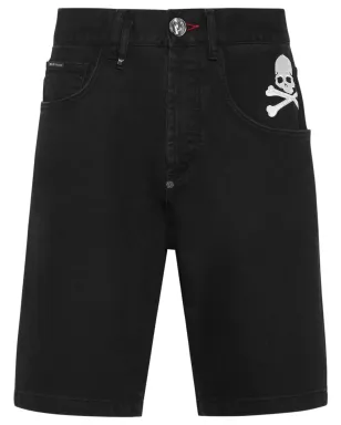 Philipp Plein スカル刺繍デニムショーツ - ブラック - サムネイル1