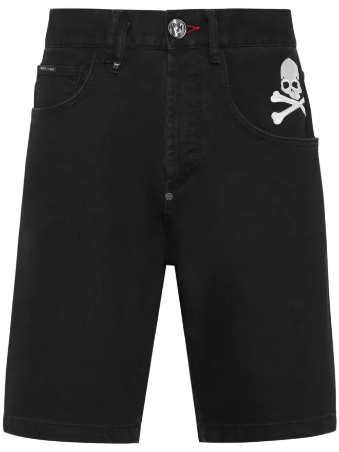 Philipp Plein Philipp Plein スカル刺繍デニムショーツ - ブラックの商品画像